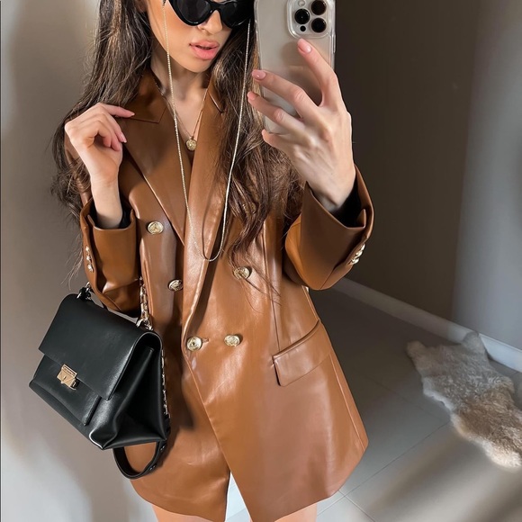 zara brown leather blazer